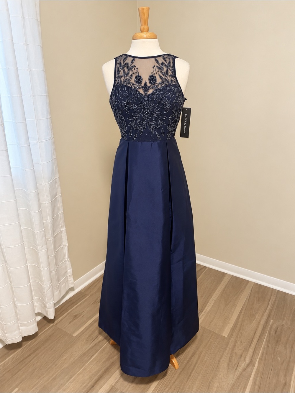 Papell Studio Navy Blue Beaded Full-Length Gown, Size 2